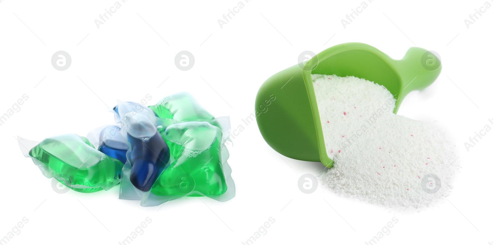 Photo of Laundry capsules and measuring scoop of washing powder on white background