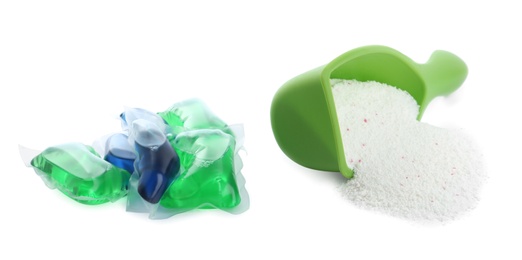 Photo of Laundry capsules and measuring scoop of washing powder on white background