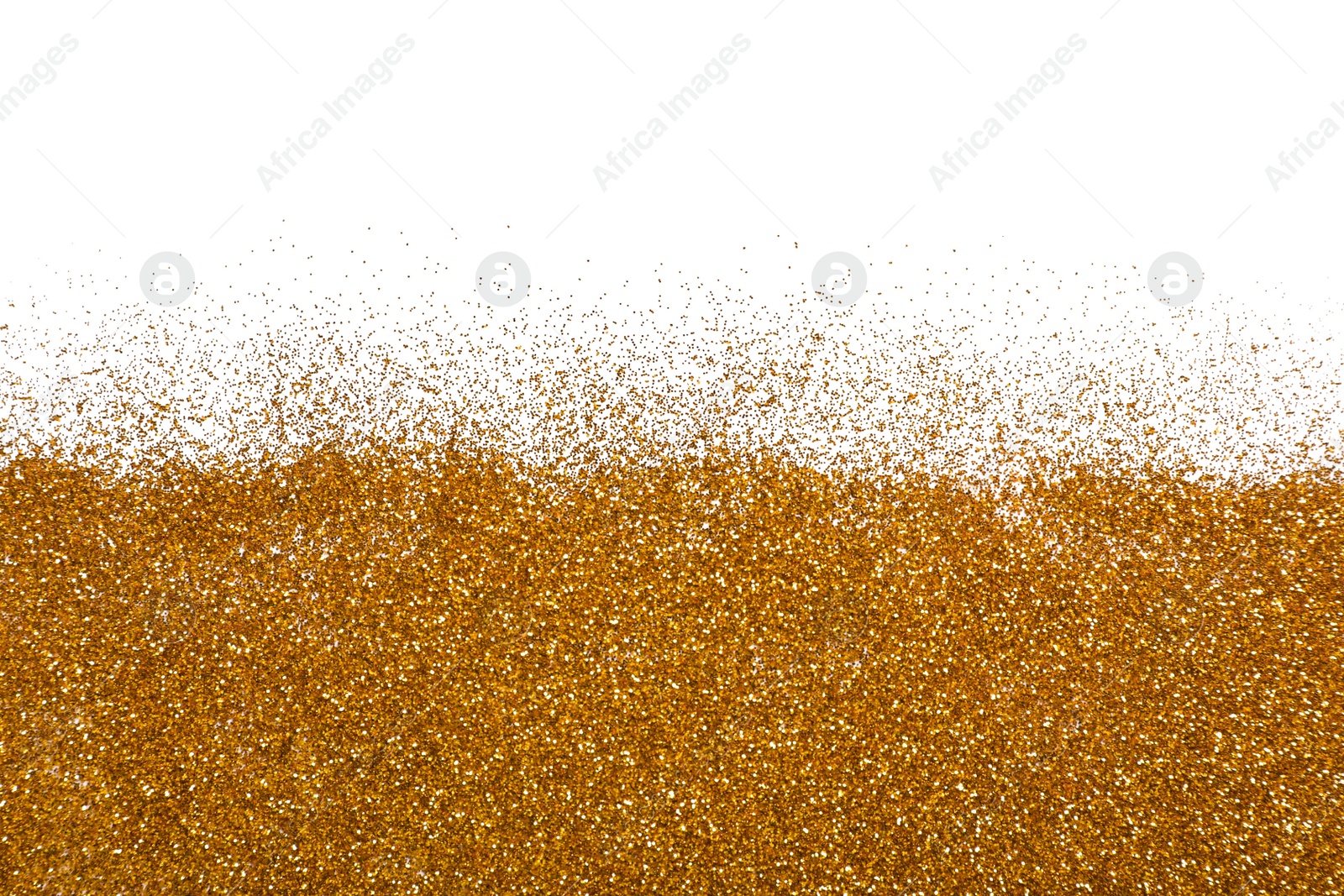 Photo of Shiny golden glitter on white background, top view