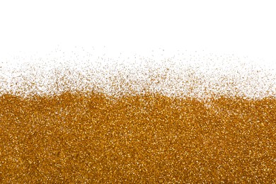 Shiny golden glitter on white background, top view