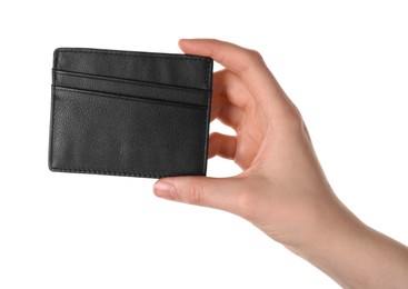 Photo of Woman holding leather business card holder on white background, closeup