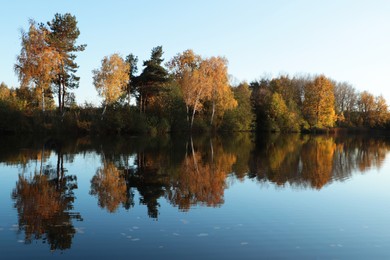 Picturesque view of lake and trees on autumn day