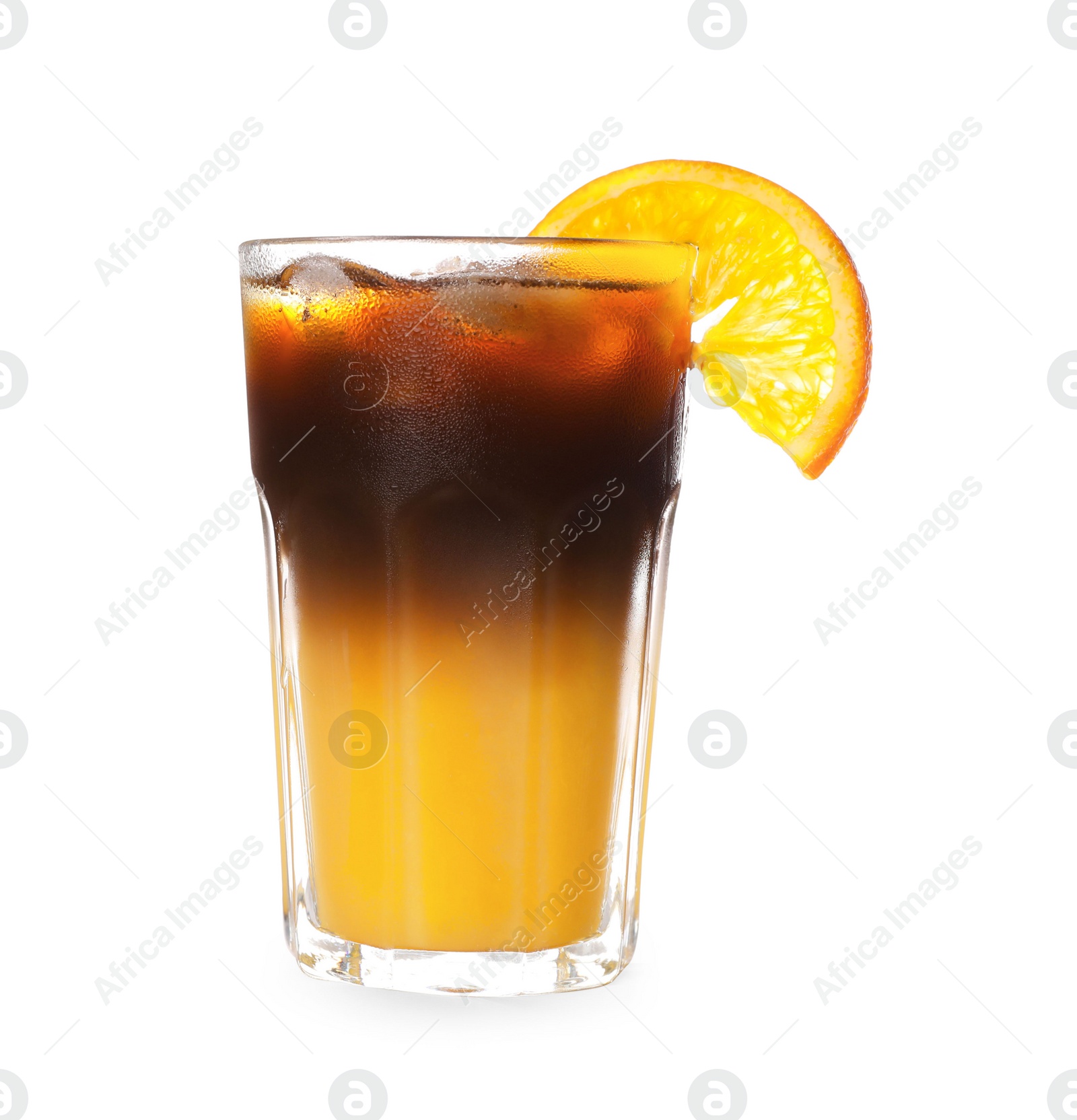 Photo of Tasty refreshing drink with coffee and orange juice in glass isolated on white