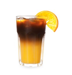 Photo of Tasty refreshing drink with coffee and orange juice in glass isolated on white