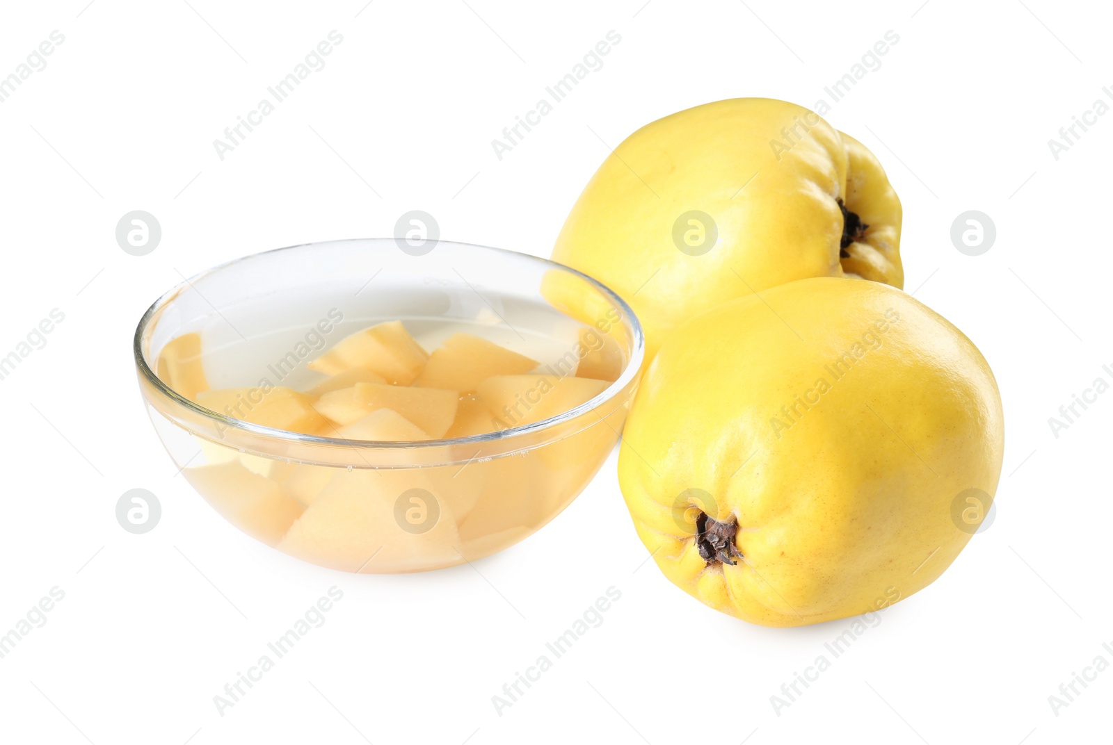 Photo of Delicious quince drink in glass bowl and fresh fruits isolated on white