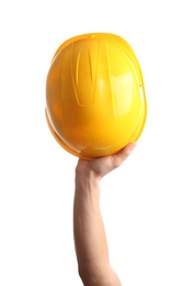 Construction worker holding hard hat isolated on white