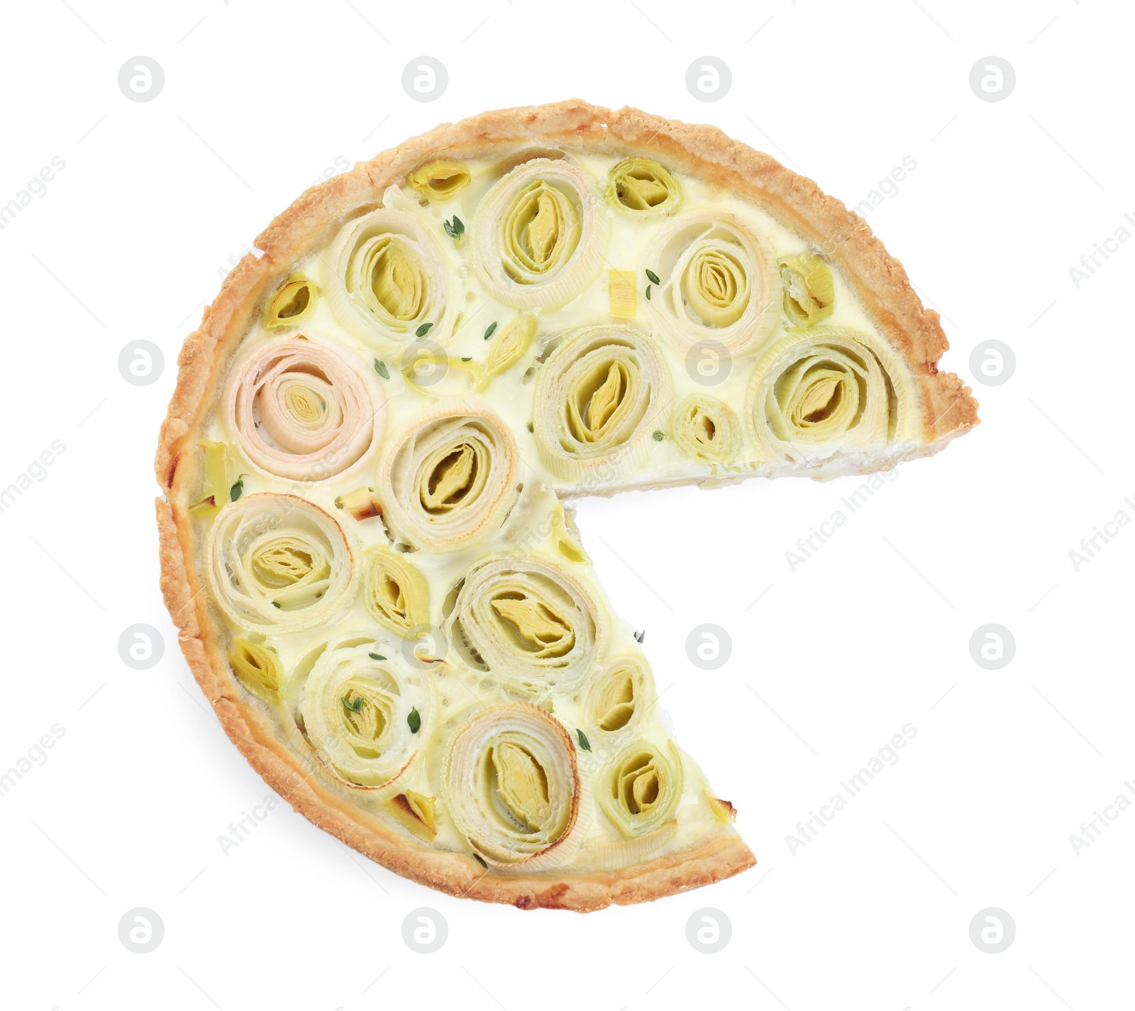 Photo of Piece of tasty leek pie isolated on white, top view