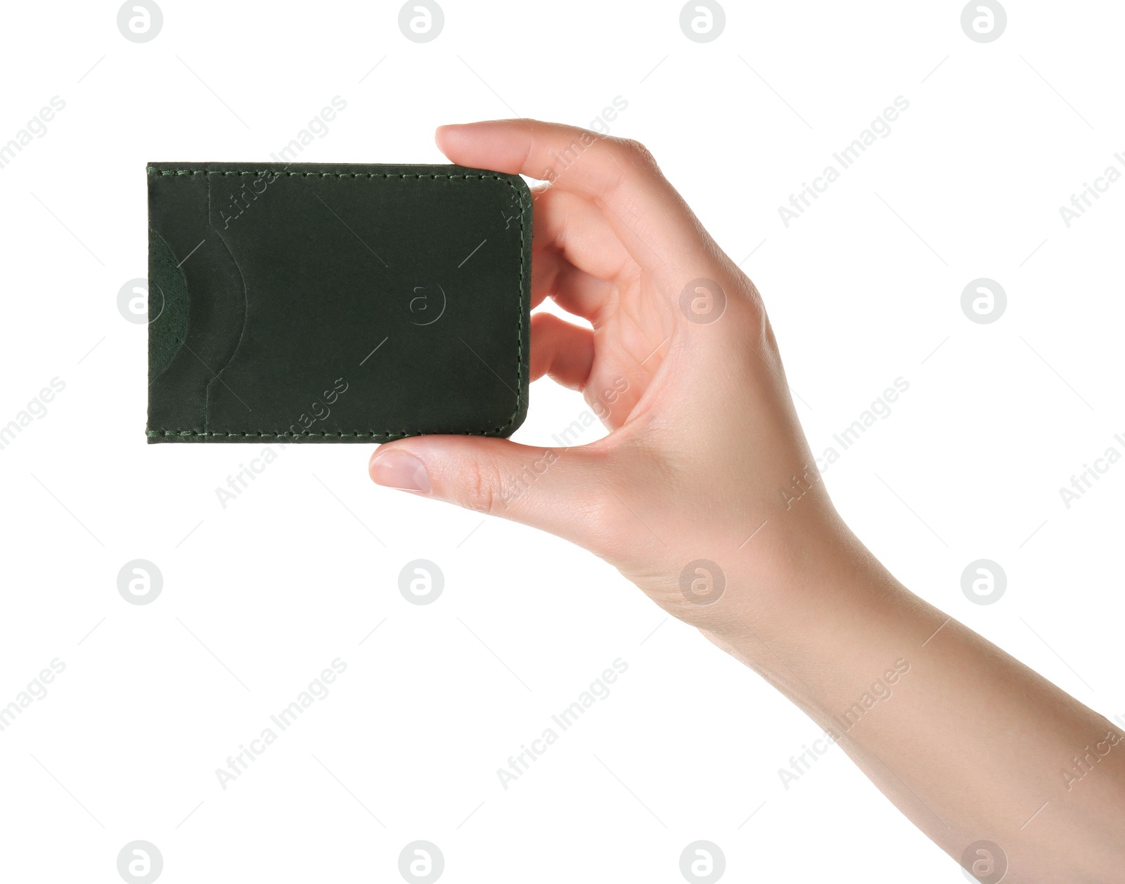 Photo of Woman holding leather business card holder on white background, closeup