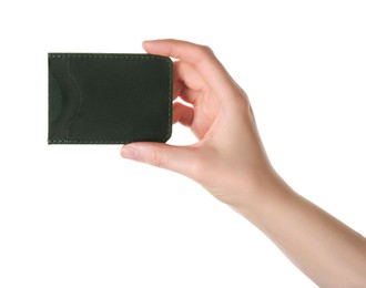 Photo of Woman holding leather business card holder on white background, closeup