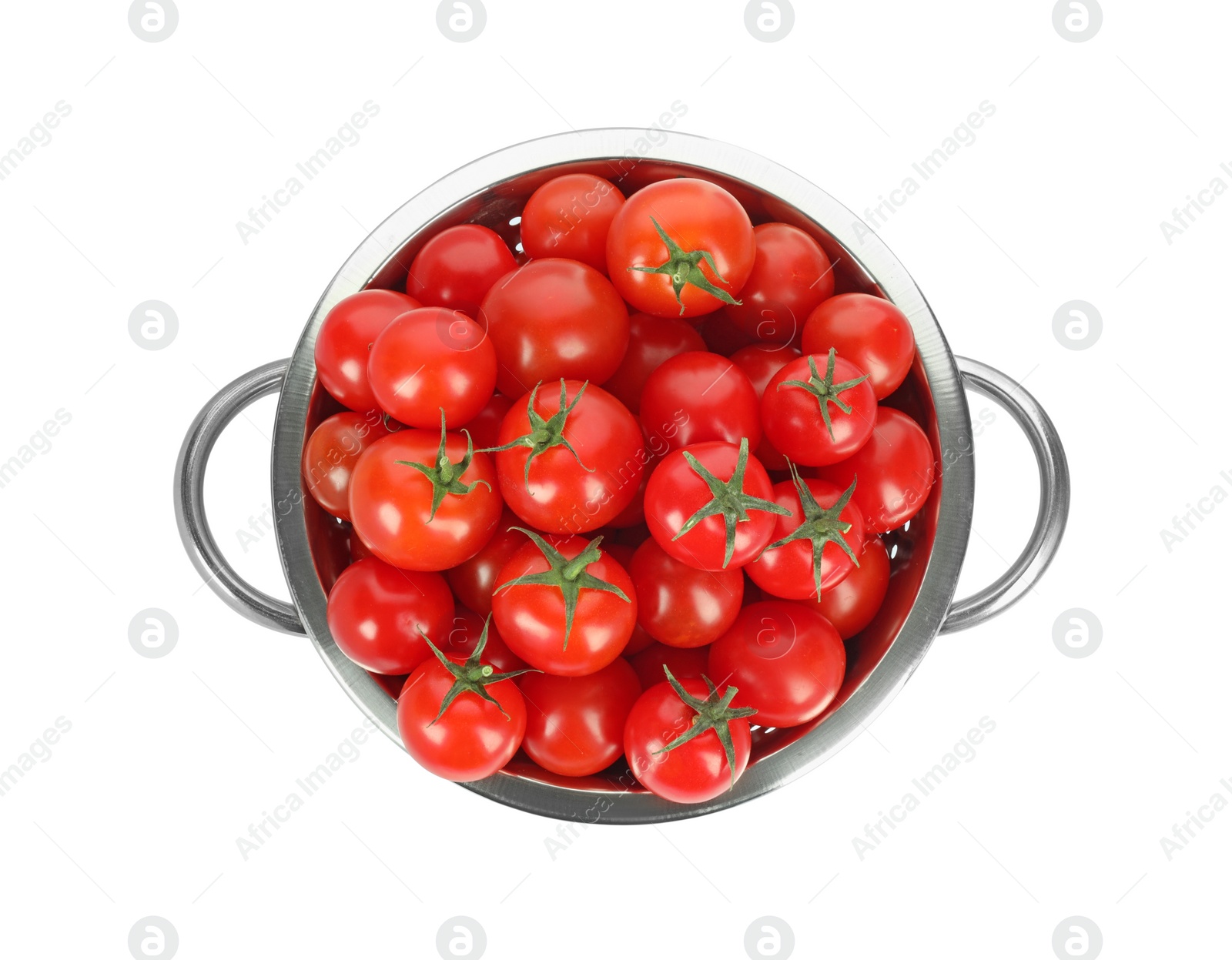 Photo of Colander with fresh ripe cherry tomatoes isolated on white, top view