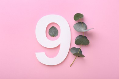 Photo of Paper number 9 and eucalyptus leaves on pink background, flat lay