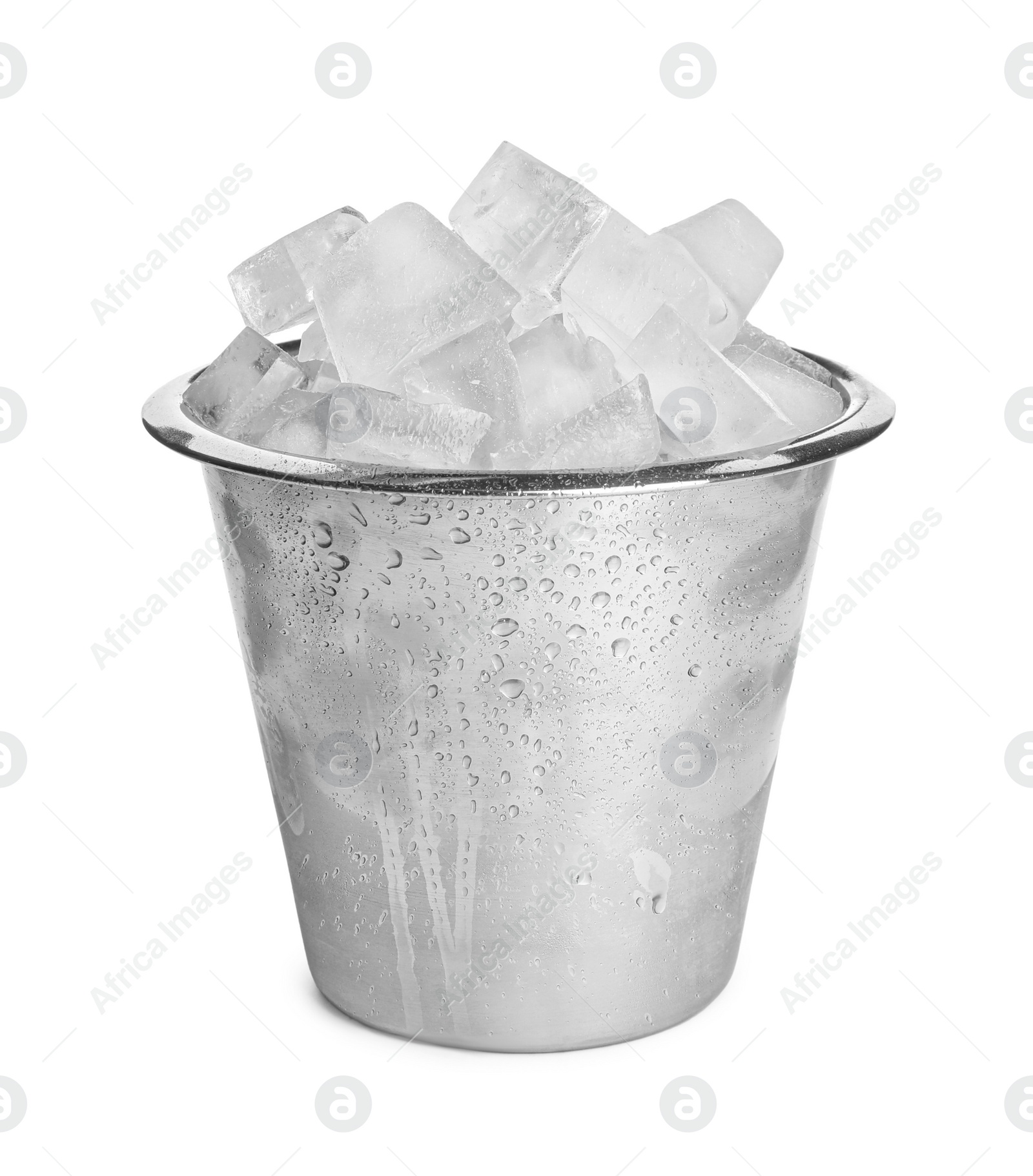 Photo of Metal bucket with ice cubes isolated on white