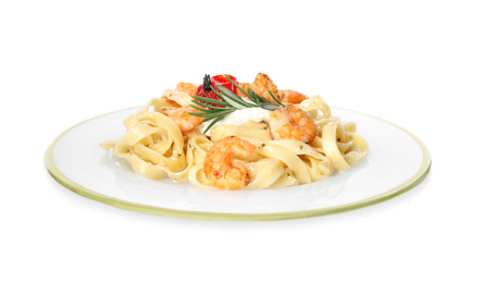 Delicious pasta with shrimps isolated on white