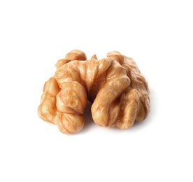 Half of tasty walnut on white background