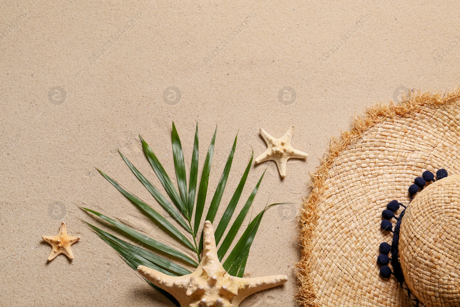 Photo of Straw hat, palm leaf, starfishes and space for text on beach sand, flat lay. Summer vacation