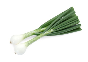 Whole green spring onions isolated on white, top view