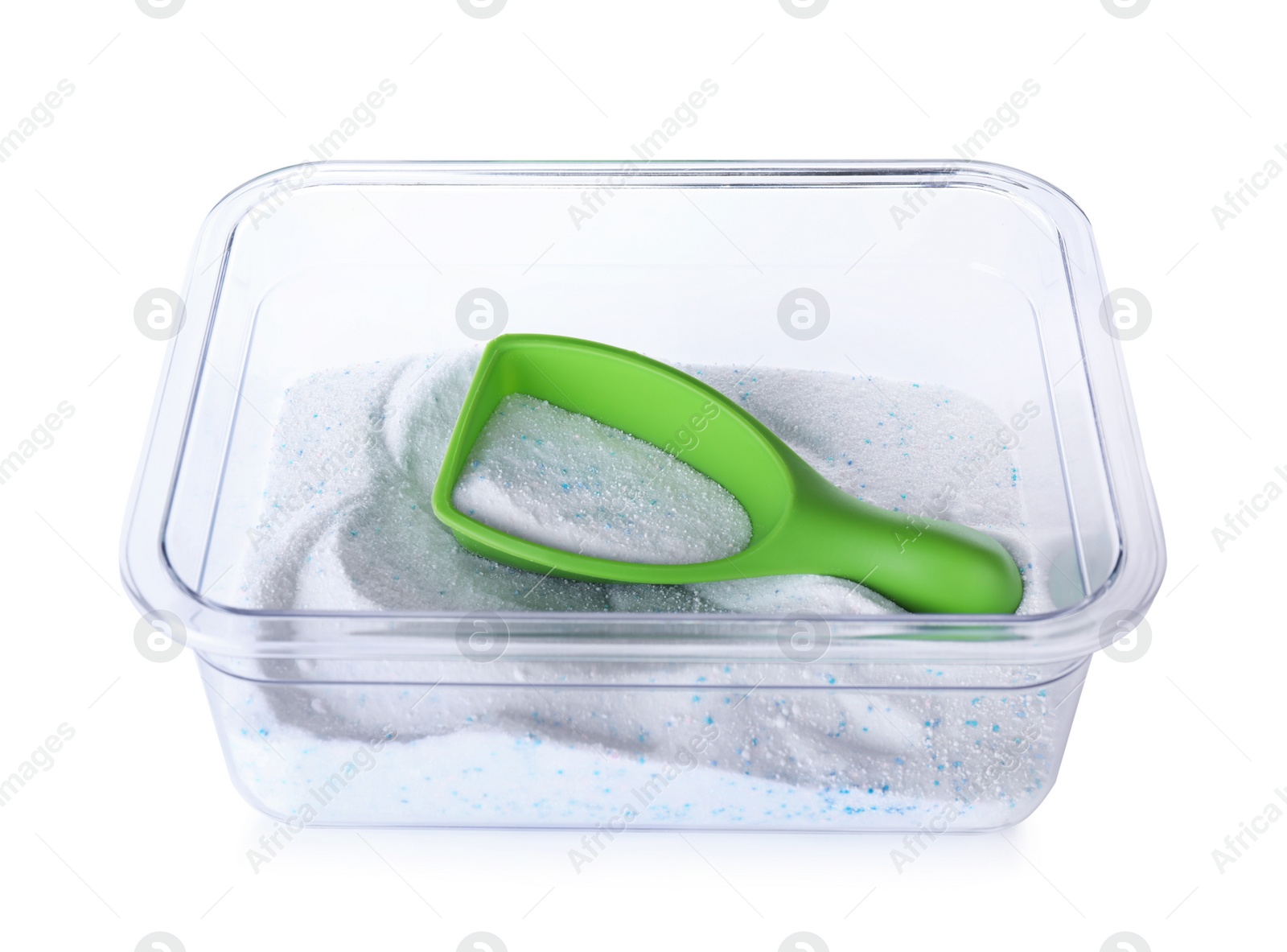 Photo of Plastic container with laundry powder and measuring scoop isolated on white