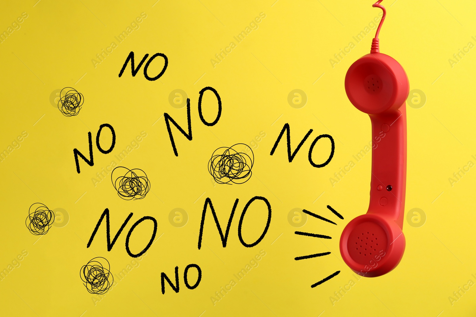 Image of Complaint. Red corded telephone handset, word No and doodles on yellow background