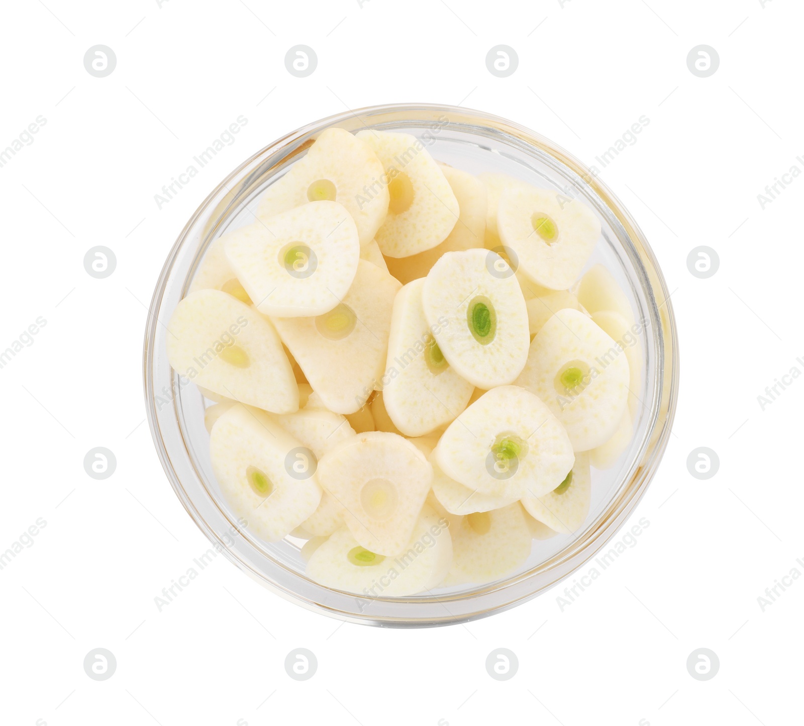 Photo of Pieces of fresh garlic in bowl isolated on white, top view