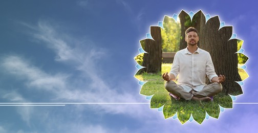 Image of Man meditating near tree and blue sky on background. Banner design with space for text