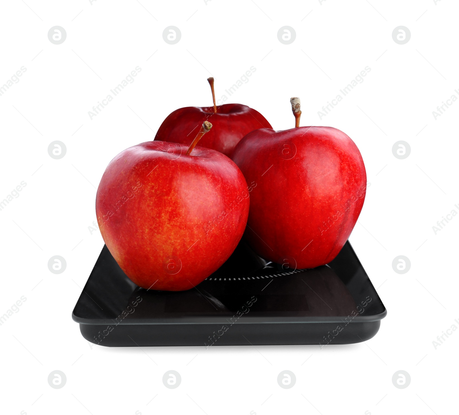 Photo of Modern kitchen scale with fresh red apples isolated on white