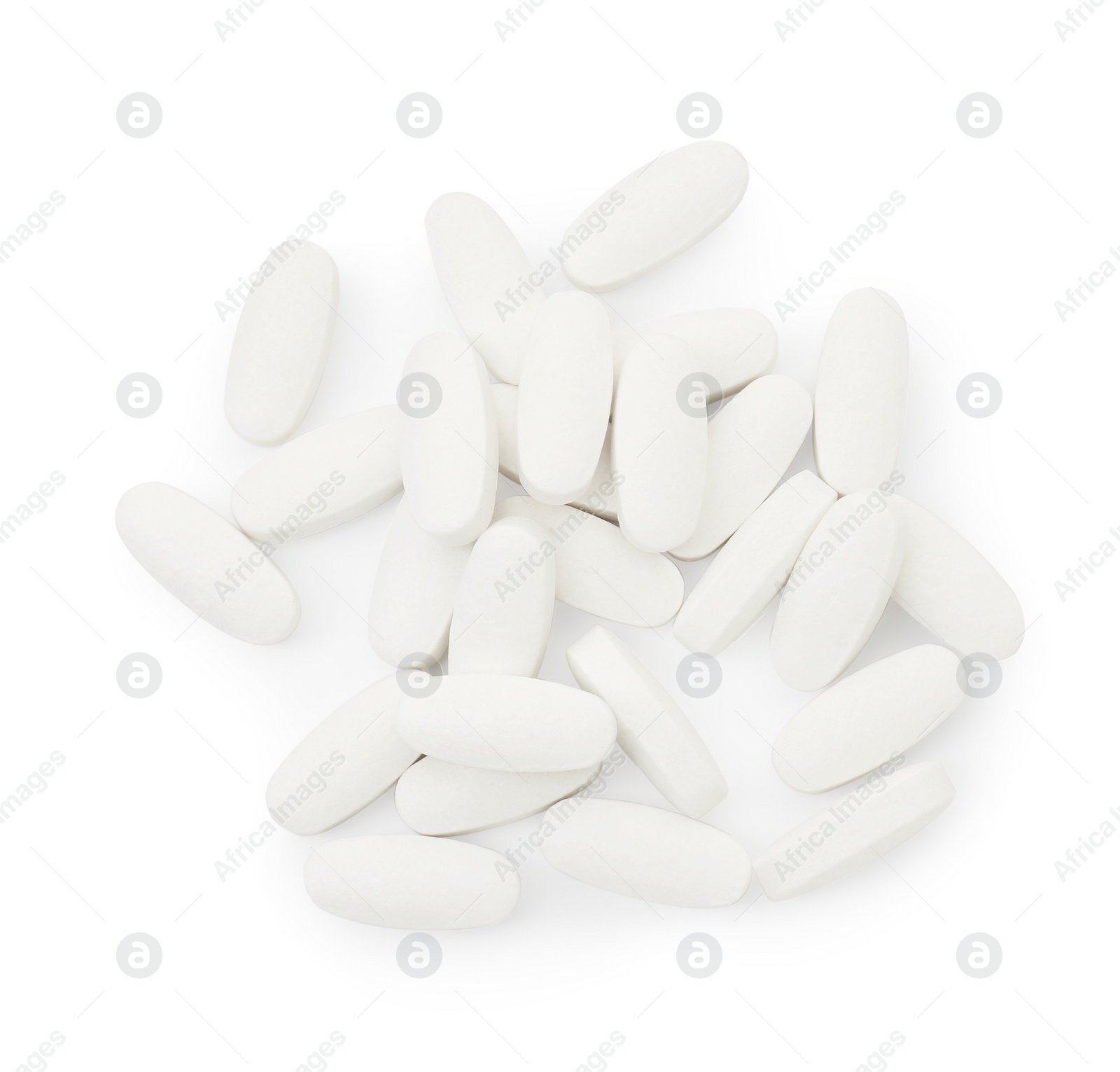 Photo of Vitamin pills isolated on white, top view. Health supplement