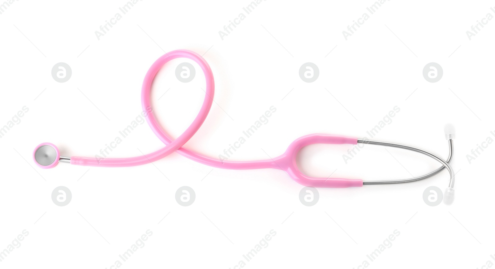 Photo of Stethoscope on white background, top view. Medical device