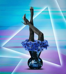 Image of Creative art collage about femininity, style and fashion. Woman sticking out of vase with beautiful blue cornflowers on bright background