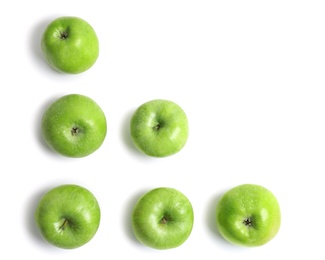 Photo of Fresh green apples on white background, top view