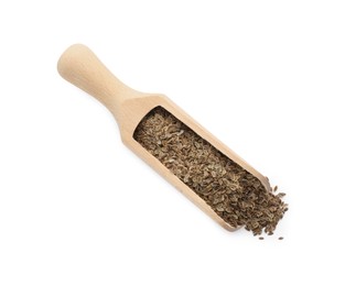 Photo of Scoop with dry dill seeds isolated on white, top view