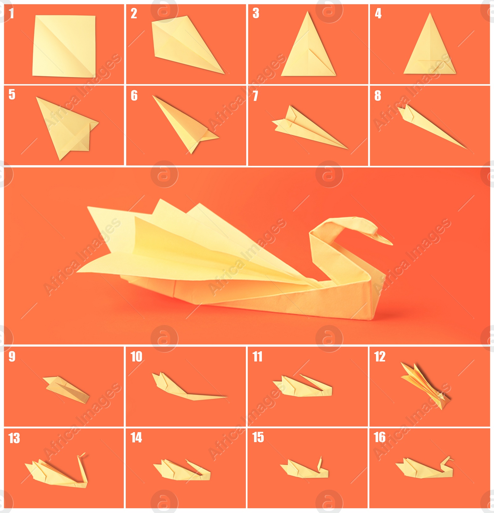 Image of Origami art. Making paper swan step by step, photo collage on coral background