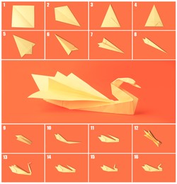 Origami art. Making paper swan step by step, photo collage on coral background