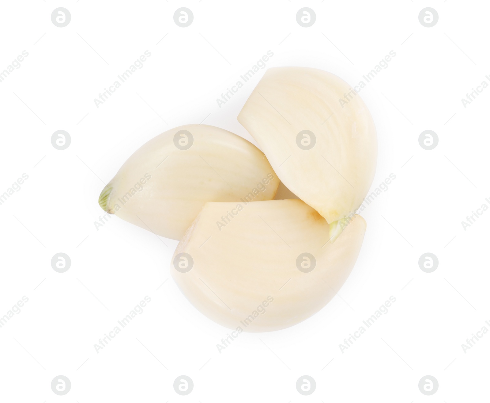 Photo of Peeled cloves of fresh garlic isolated on white, top view