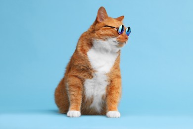 Photo of Cute ginger cat in stylish sunglasses on light blue background