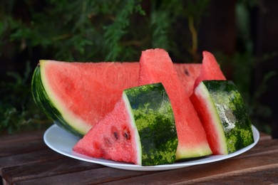 Photo of White plate with sliced watermelon on wooden stool outdoors