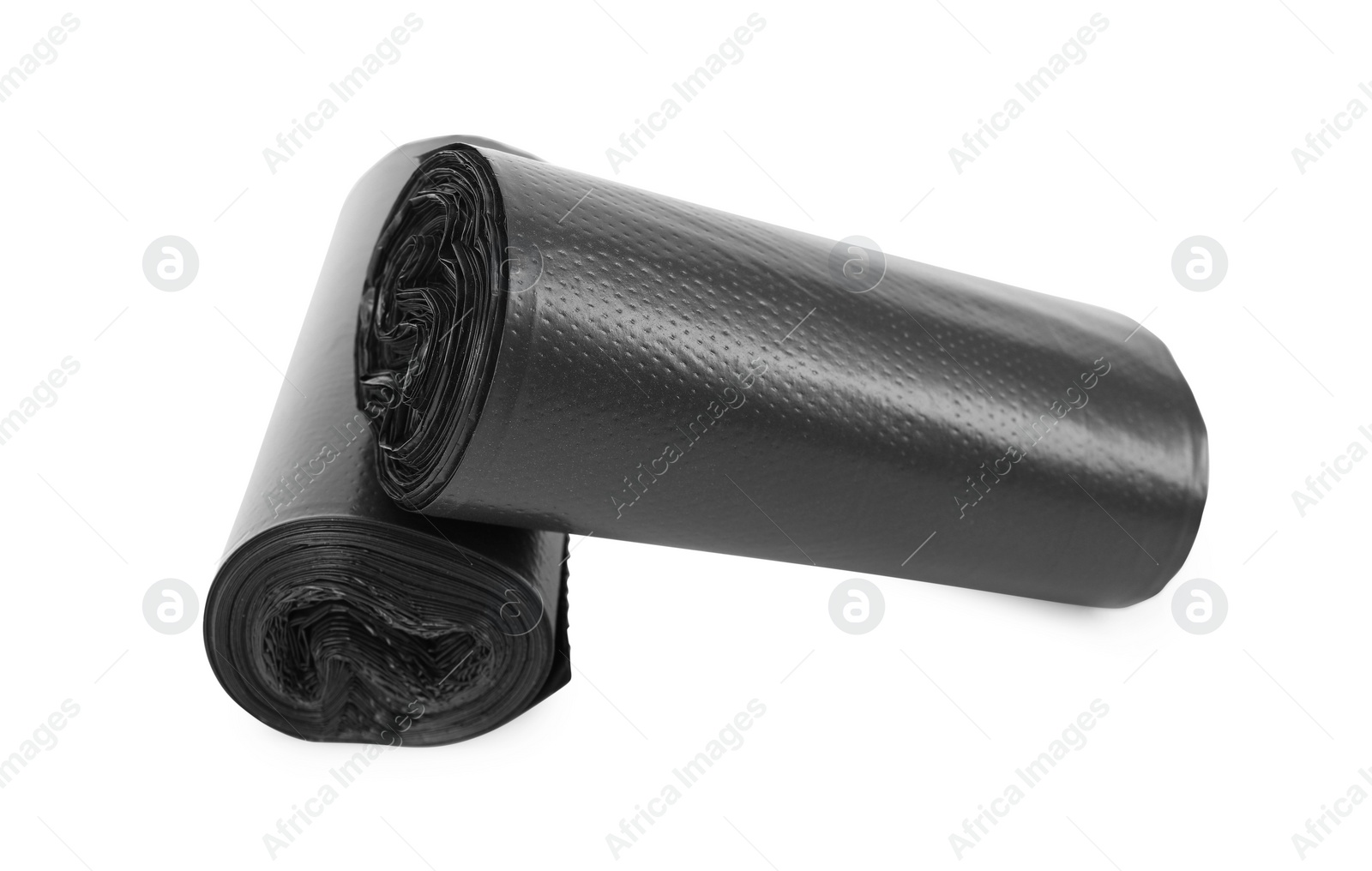 Photo of Two rolls of black garbage bags isolated on white