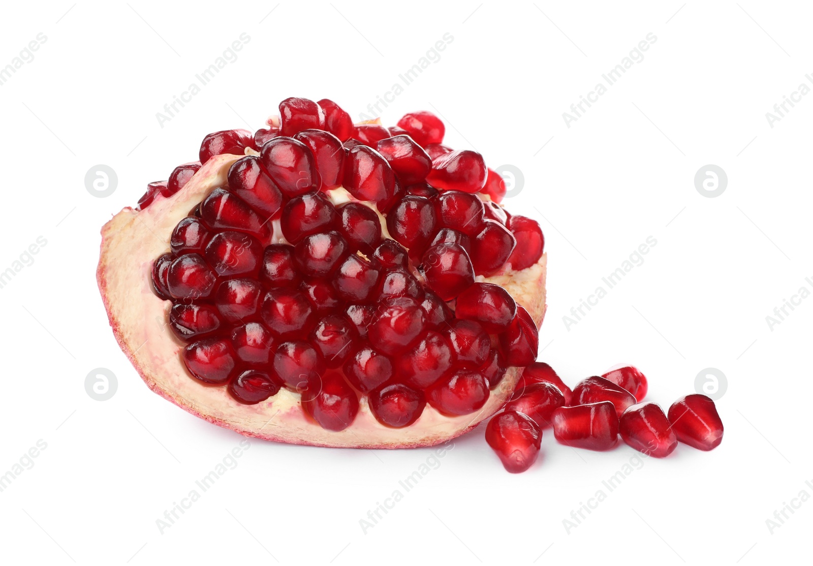 Photo of Piece of ripe juicy pomegranate on white background