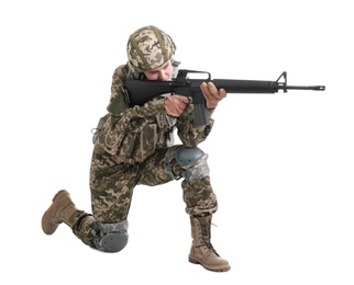 Photo of Female soldier with machine gun on white background. Military service