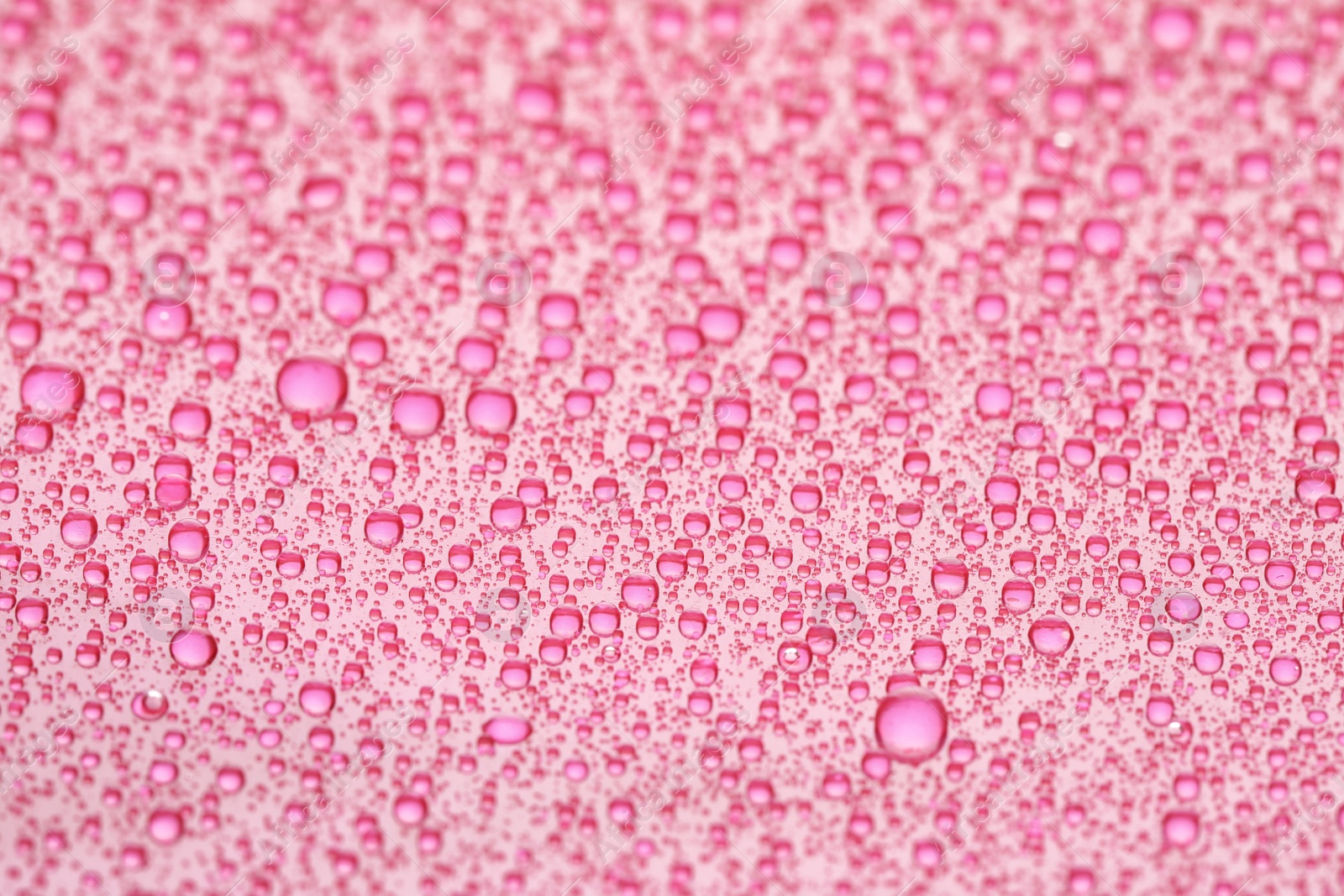 Photo of Water drops on pink background, closeup view