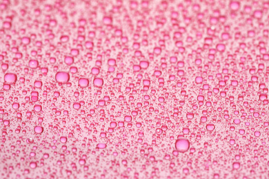 Water drops on pink background, closeup view