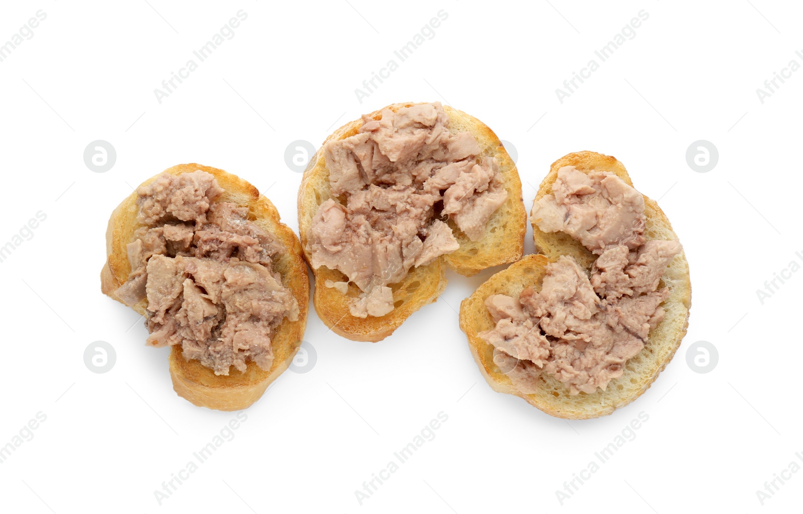 Photo of Tasty sandwiches with cod liver isolated on white, top view