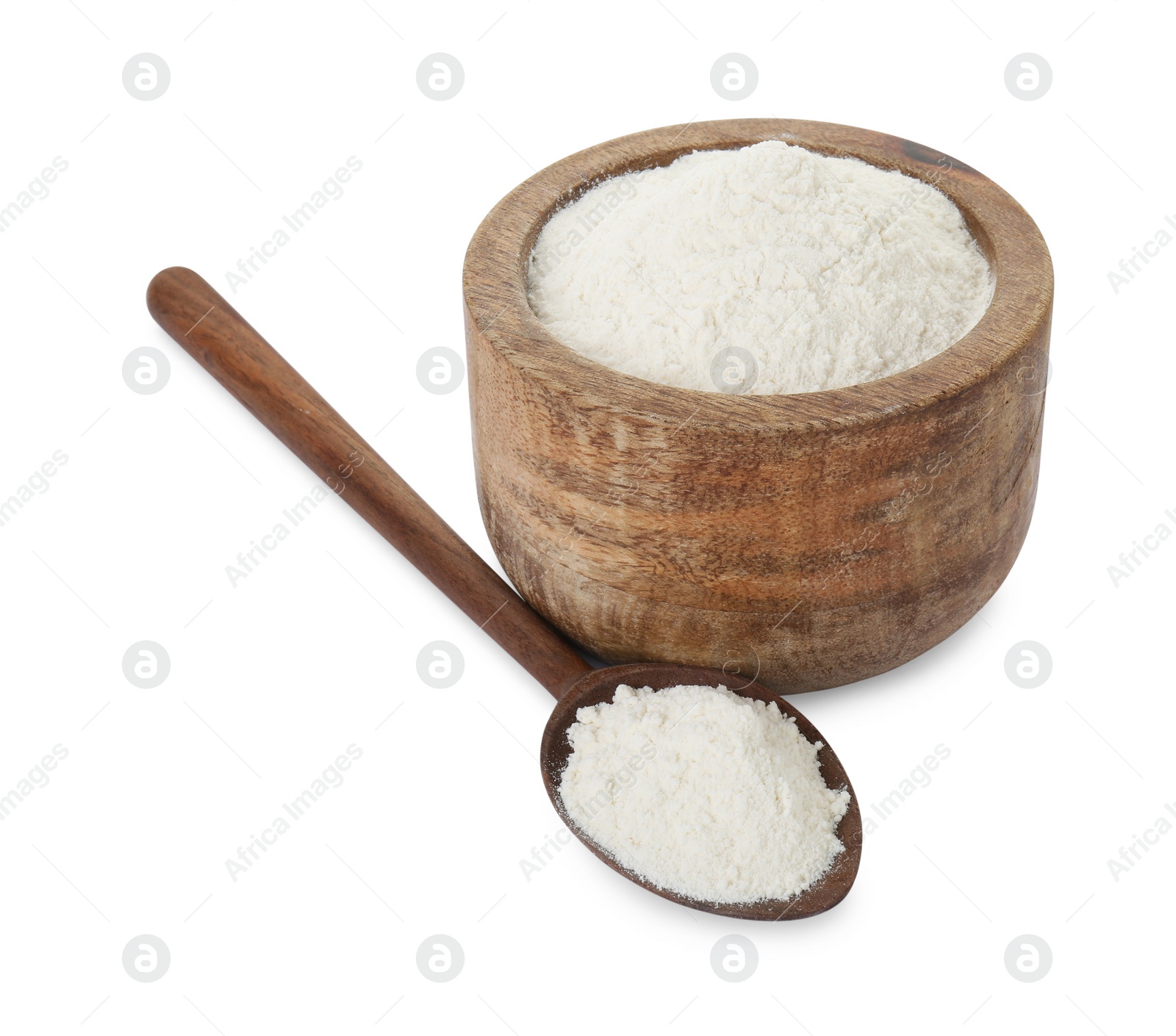 Photo of Baking powder in bowl and spoon isolated on white