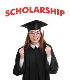Image of Scholarship concept. Happy student wearing graduation hat on white background