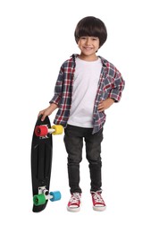 Photo of Cute little boy with skateboard on white background