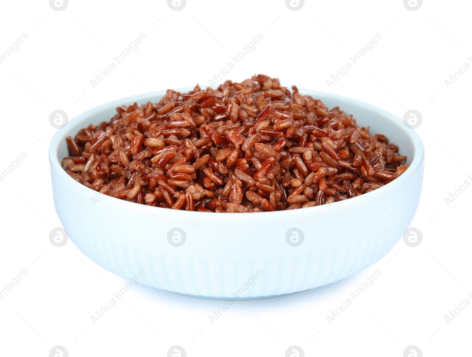 Photo of Bowl with delicious cooked brown rice on white background