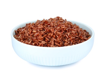 Photo of Bowl with delicious cooked brown rice on white background