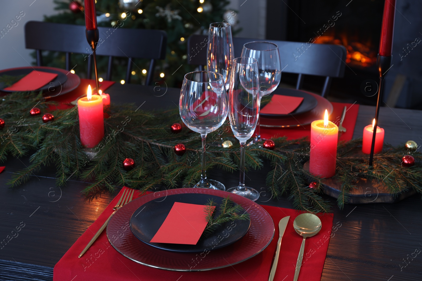 Photo of Elegant Christmas table setting with blank place cards and festive decor