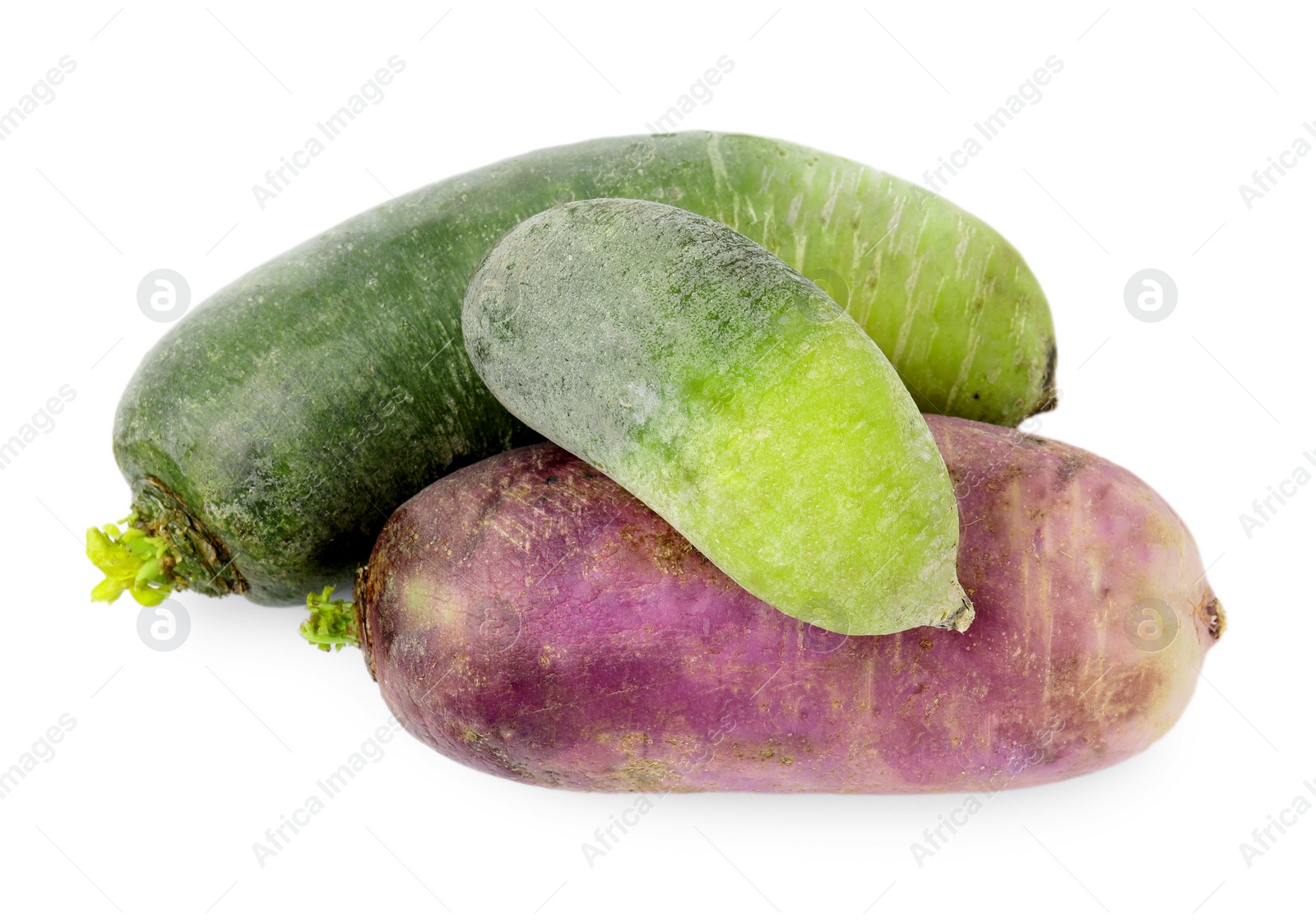 Photo of Purple and green daikon radishes isolated on white, top view