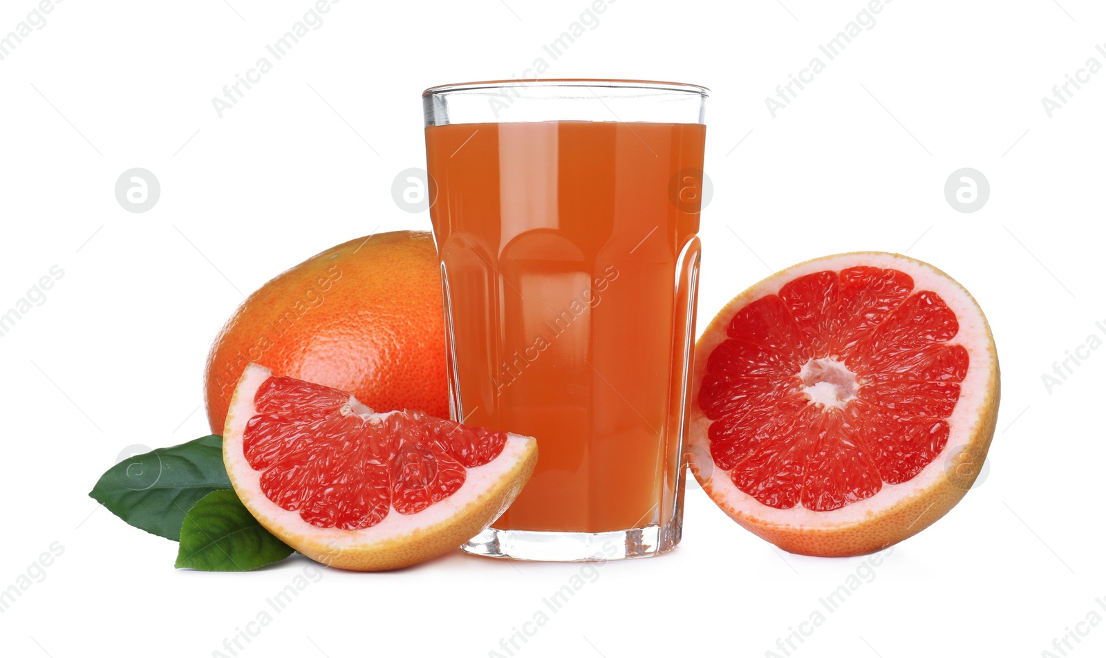 Photo of Tasty freshly made grapefruit juice and fruits on white background