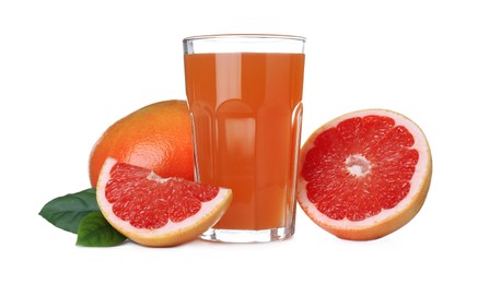 Photo of Tasty freshly made grapefruit juice and fruits on white background